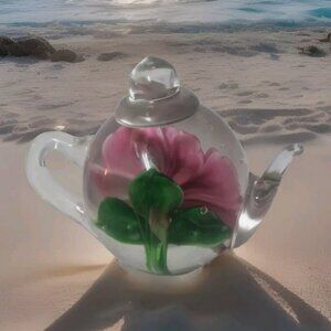 Glass Teapot Dynasty Gallery Heirloom Collectibles Paperweight Pink Rose Design